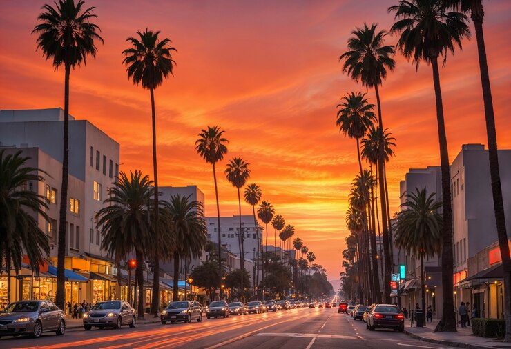 A bustling city avenue with palm trees, scenic skies, cars, restaurants, and buildings, representing an active and vibrant community.